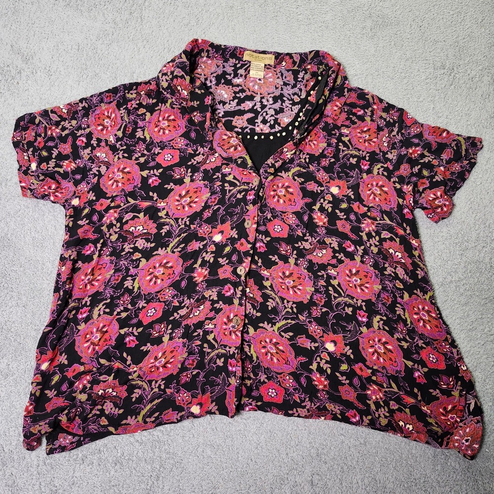 Notations Woman 2X Blouse Black Pink Floral Paisley Rayon Button Front Short Slv